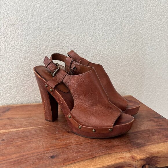Vintage Ralph Lauren Leather and Wood Peep Toe Heels Size 8.5 - Picture 1 of 10